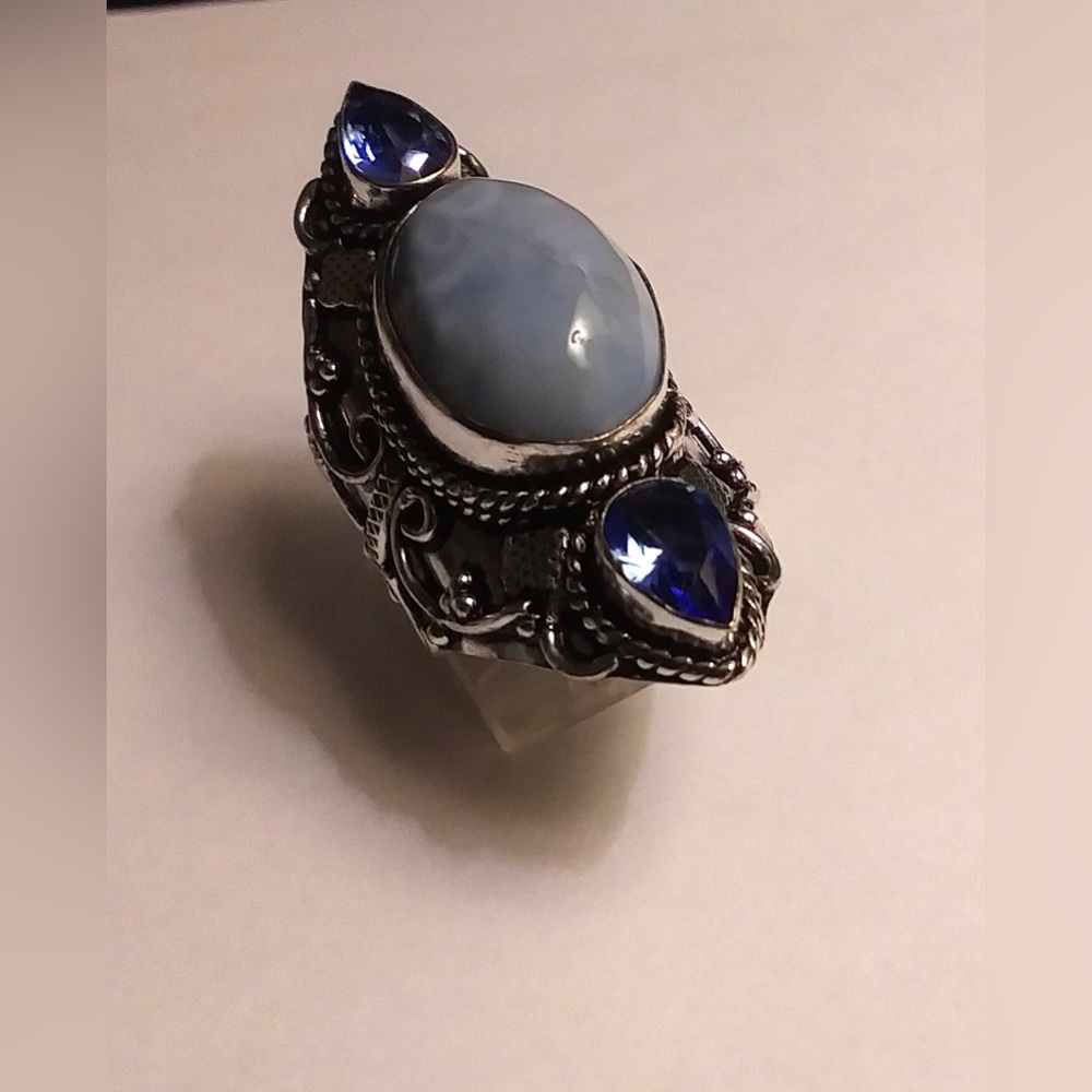 Owhyee Opal Blue Topaz Stamped 925 Sterling Silver Ring